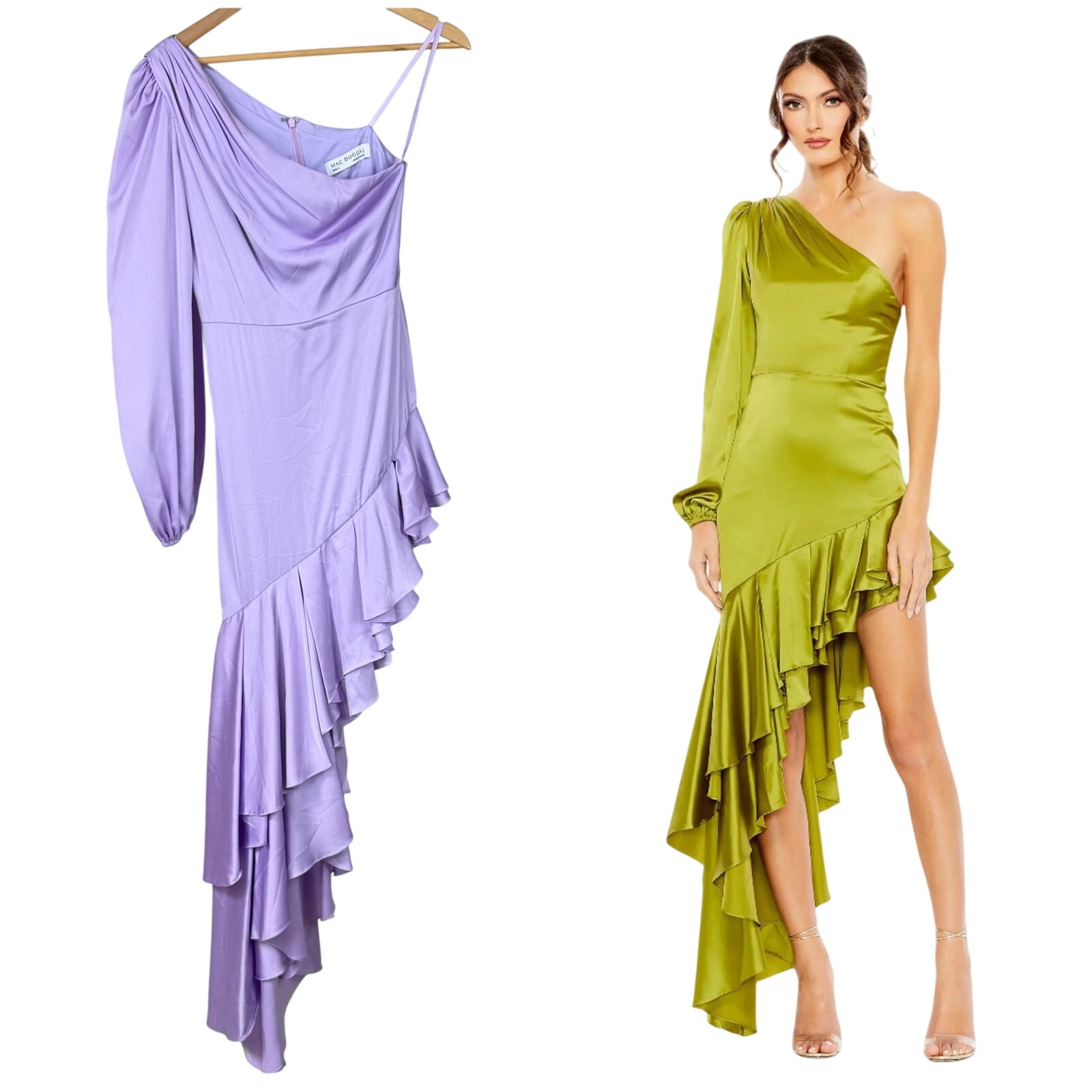 Mac Duggal Nwt Satin One Sleeve Ruffled Asymmetrical Gown Lilac Purple Size 2